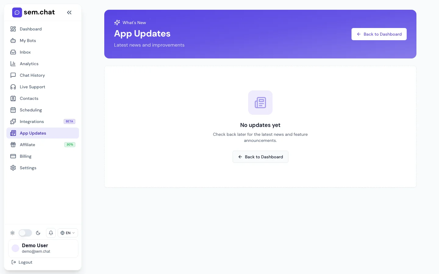 Tangkapan layar nyata dari ruang kerja demo sem.chat