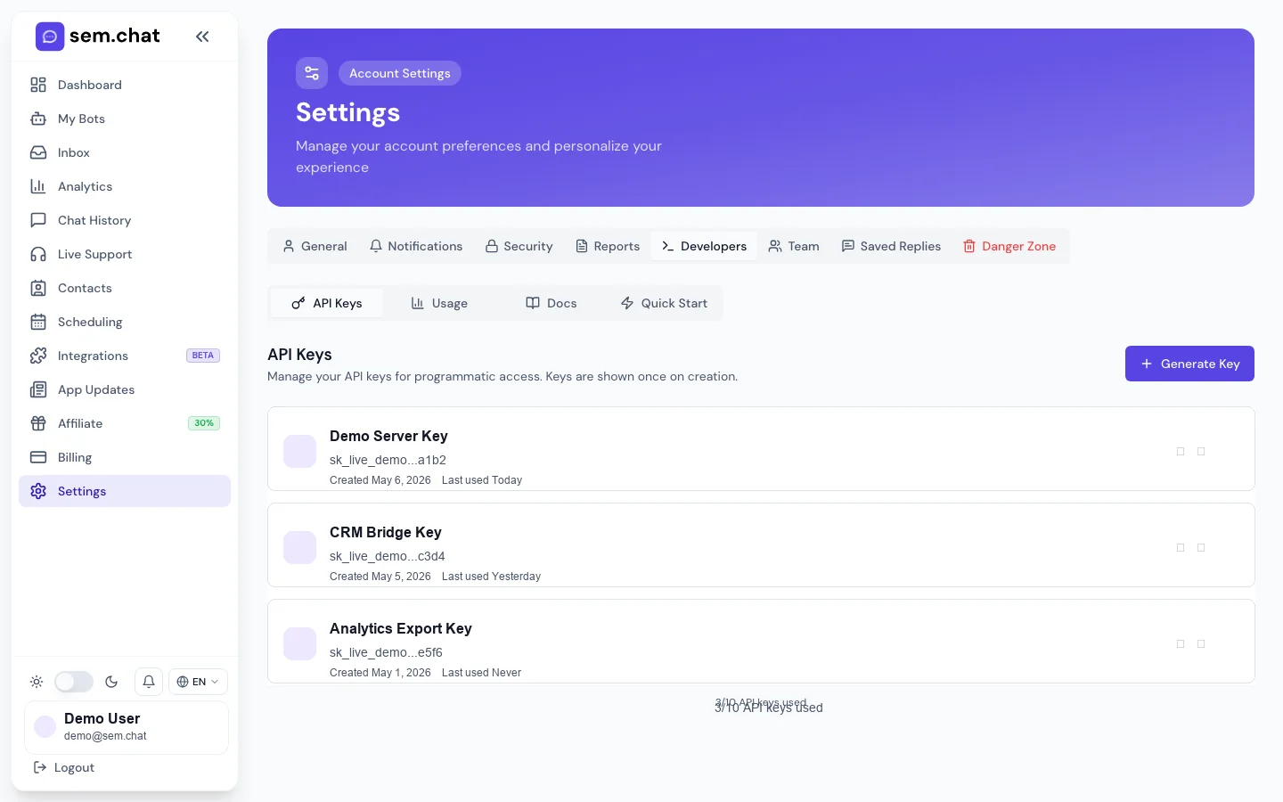 Tangkapan layar nyata dari ruang kerja demo sem.chat