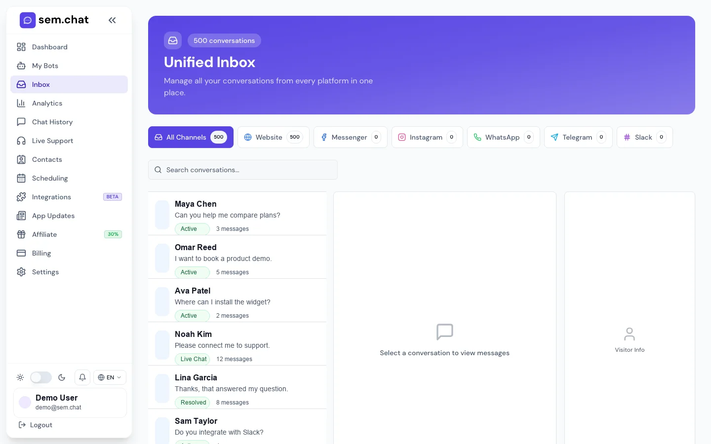 Tangkapan layar nyata dari ruang kerja demo sem.chat