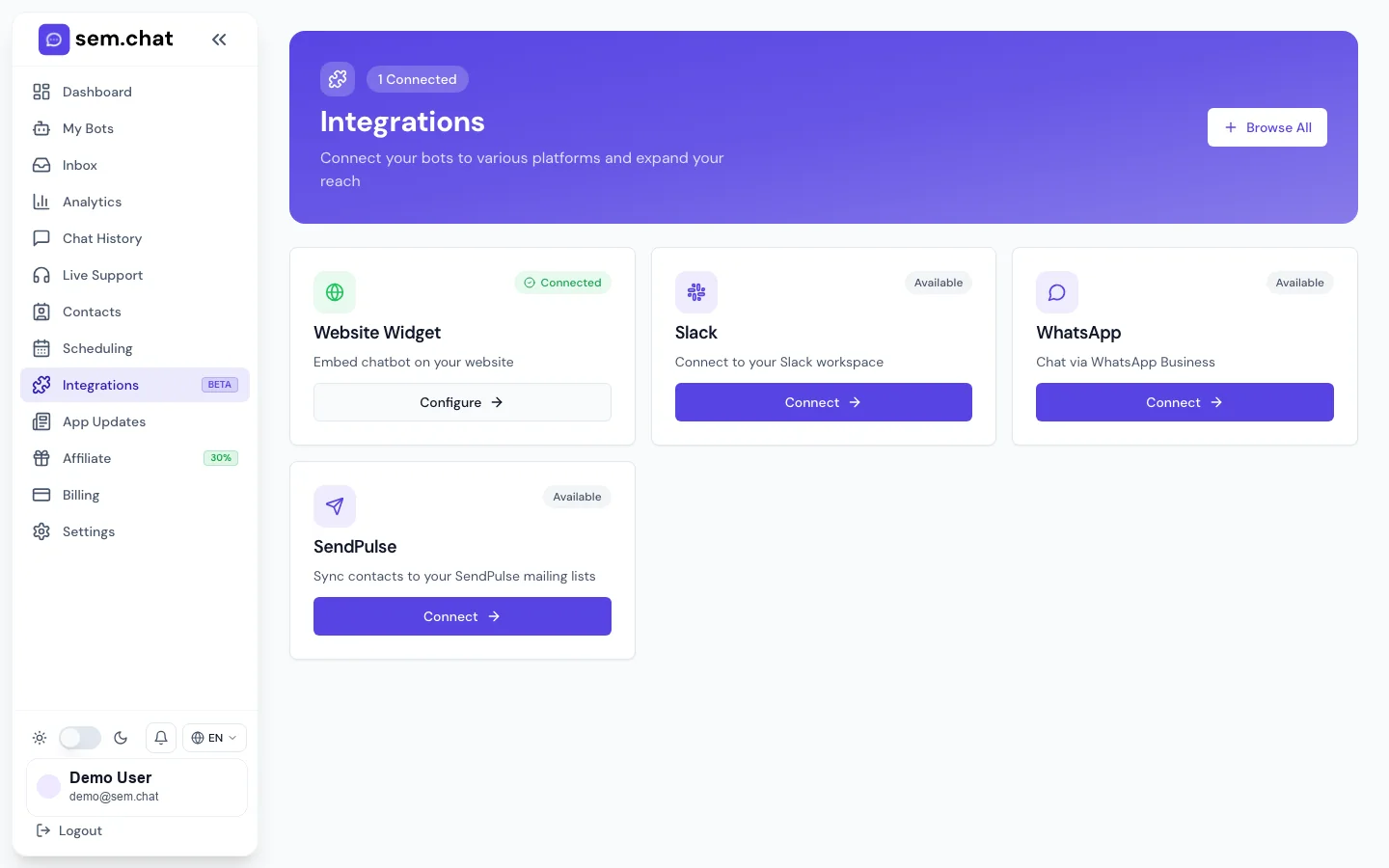 Tangkapan layar nyata dari ruang kerja demo sem.chat