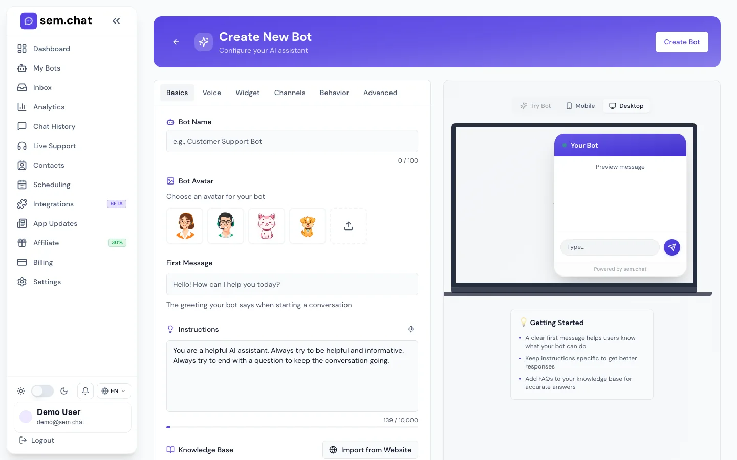 Tangkapan layar nyata dari ruang kerja demo sem.chat
