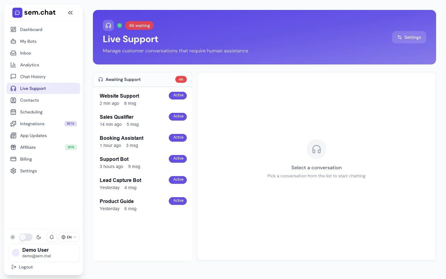 Tangkapan layar nyata dari ruang kerja demo sem.chat