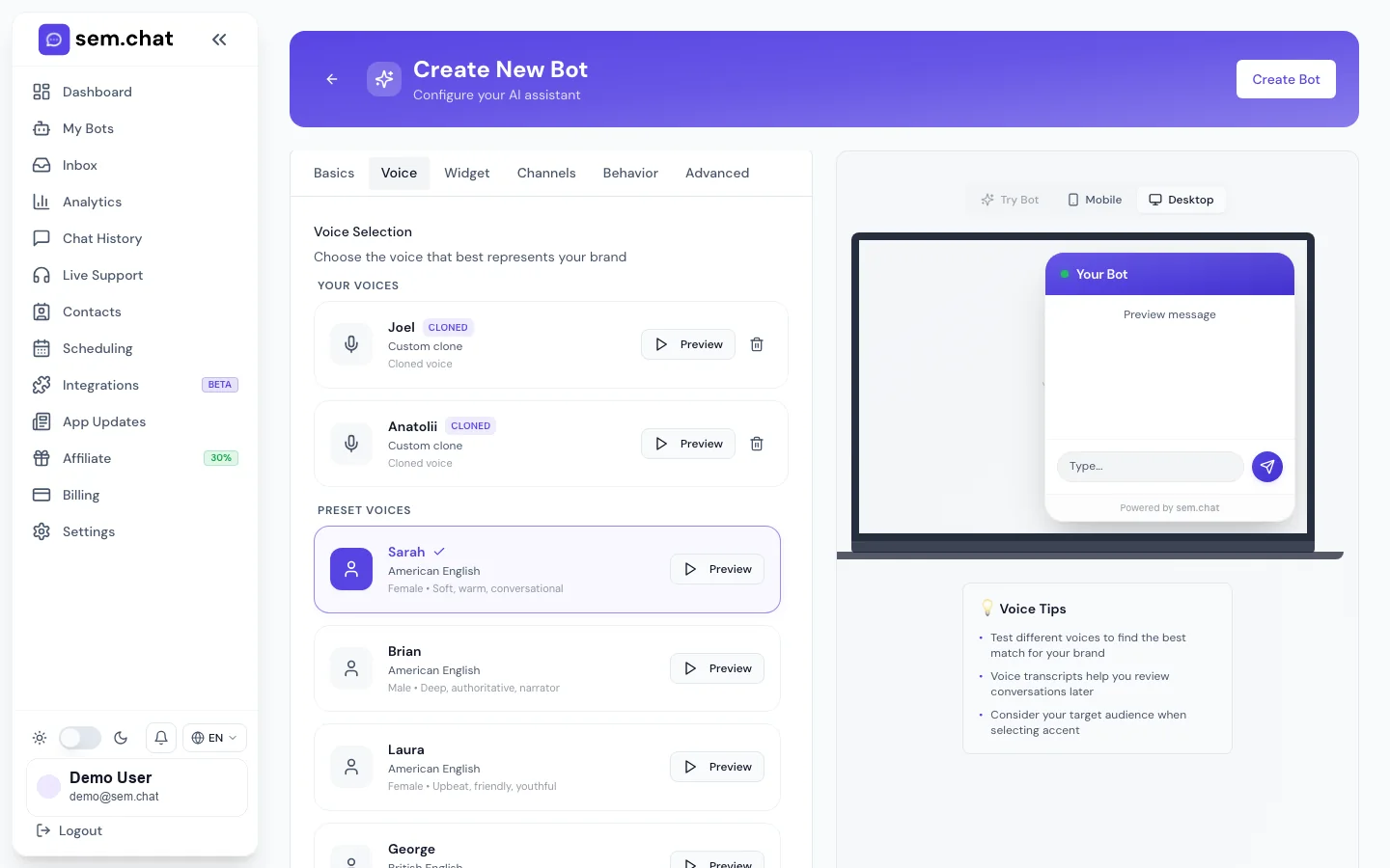 Tangkapan layar nyata dari ruang kerja demo sem.chat