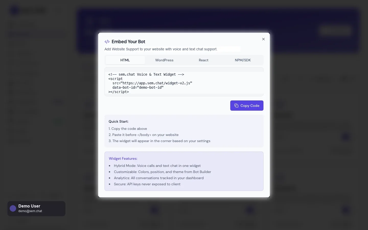 Tangkapan layar nyata dari ruang kerja demo sem.chat